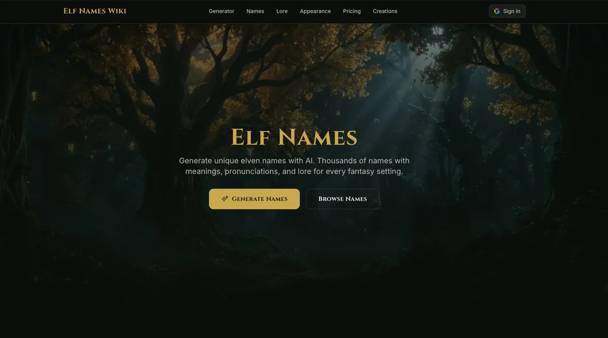 Elf Names Wiki screenshot