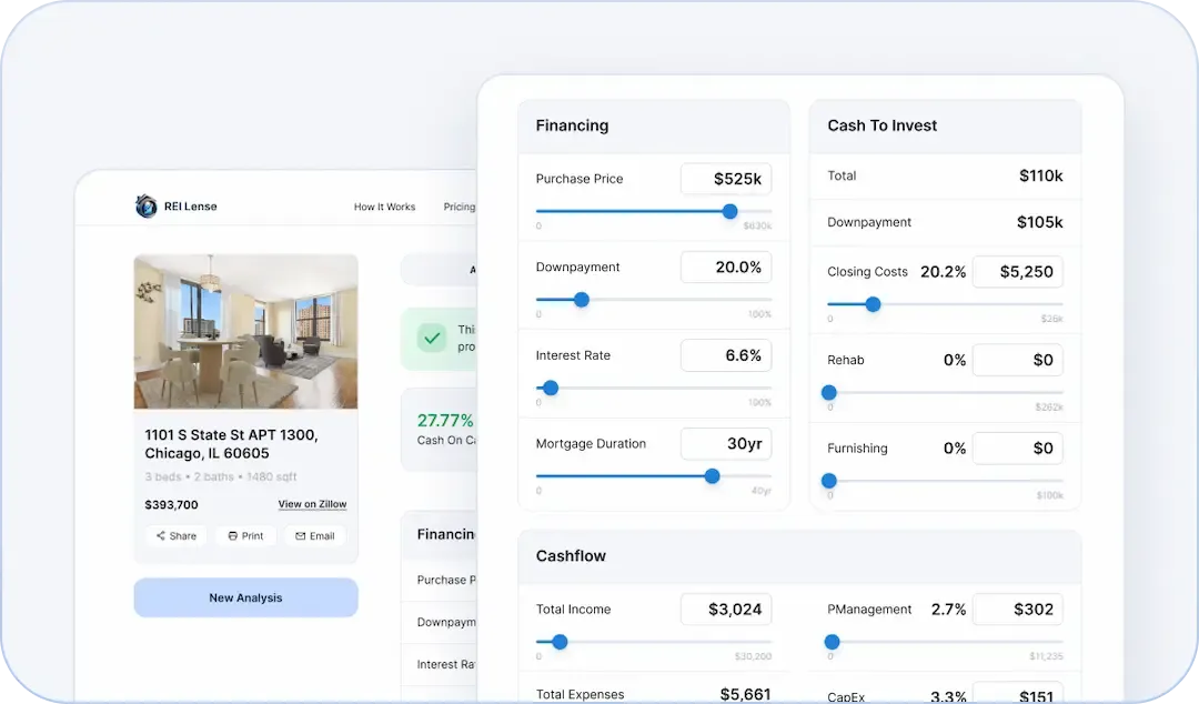 REI Lense - Free Airbnb calculator for analyzing short-term rental profitability screenshot